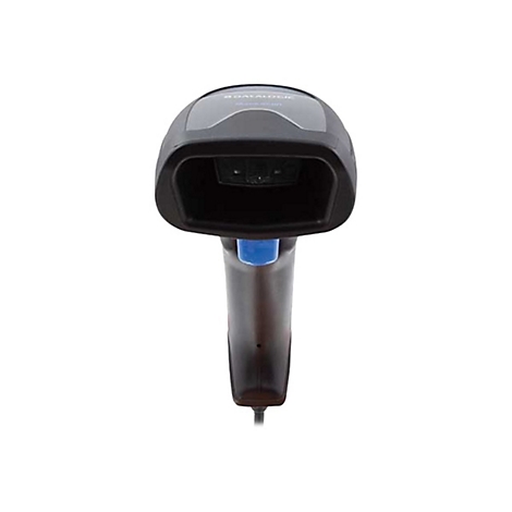 Draufsicht auf einen schwarzen Barcode-Scanner mit blauem Griff. Der Scanner hat ein graues Oberteil mit Datalogic-Schriftzug.