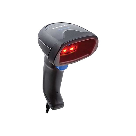 Schwarzer Barcodescanner mit rotem Licht. Blaue Taste am Griff. Kabelanschluss unten.