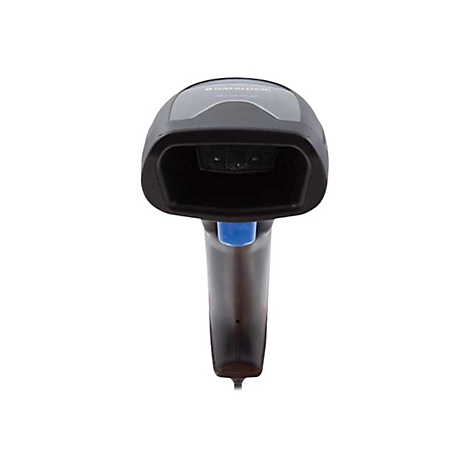 Draufsicht auf einen schwarzen Barcode-Scanner mit blauem Knopf.