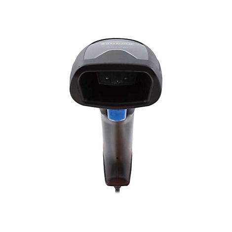 Draufsicht auf einen schwarzen Barcode-Scanner mit blauem Knopf. Auf dem Scanner steht Datalogic.