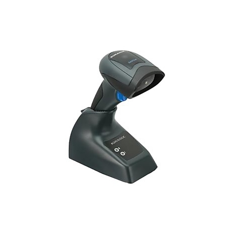 Ein Barcode-Scanner in dunklen Grautönen mit Halterung. Oben steht Datalogic. Zwei Knöpfe.