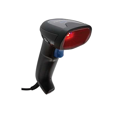 Schwarzer Handscanner mit rotem Laserlicht auf weißem Hintergrund.