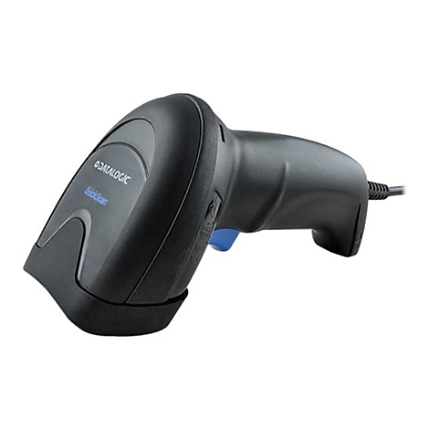 Schwarzer Barcodescanner mit blauem Knopf. Auf der Seite steht Datalogic QuickScan.