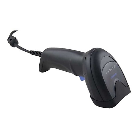 Schwarzer Barcode-Scanner mit Kabel. Aufschrift: Datalogic QuickScan. Ein blauer Knopf ist zu sehen.