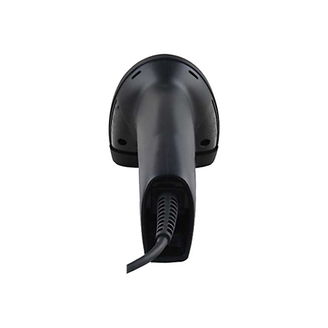 Nahaufnahme eines schwarzen Barcode-Scanners mit Kabel. Vor weißem Hintergrund. Der Griff ist geriffelt.