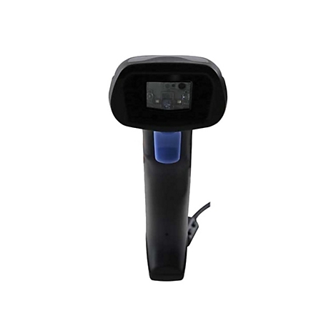Schwarzer Barcode-Scanner. Oben der Scankopf, darunter Griff mit blauer Taste.
