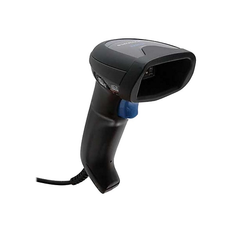 Schwarzer Handscanner mit blauem Auslöser vor weißem Hintergrund.