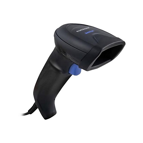 Schwarzer Barcode-Scanner mit blauem Knopf und Kabel, vor weißem Hintergrund. Aufschrift: Datalogic Quickscan.