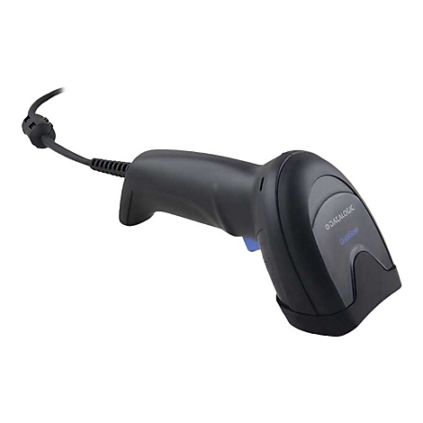 Schwarzer Datalogic Barcodescanner mit Kabel vor weißem Hintergrund.