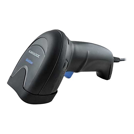 Schwarzer Barcode-Scanner mit "DATALOGIC QuickScan" Aufdruck. Ein blaues Element und ein Kabel sind zu sehen.