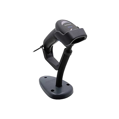 Schwarzer Datalogic Barcodescanner in einer Halterung auf einem weißen Hintergrund.