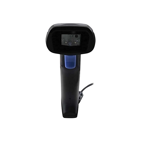 Schwarzer Barcodescanner mit blauem Knopf. Auf weißem Hintergrund.
