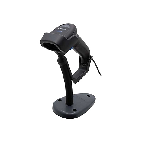 Schwarzer Barcode-Scanner auf einem Ständer vor weißem Hintergrund. Der Scanner hat ein blaues Detail und ein Kabel.