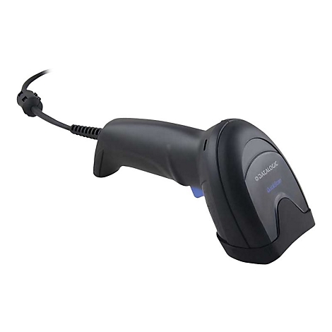 Schwarzer Datalogic QuickScan Handscanner mit Kabel vor weißem Hintergrund.