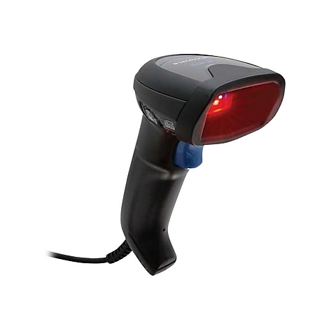 Schwarzer Barcode-Scanner mit rotem Licht. Blauer Knopf zum Scannen.