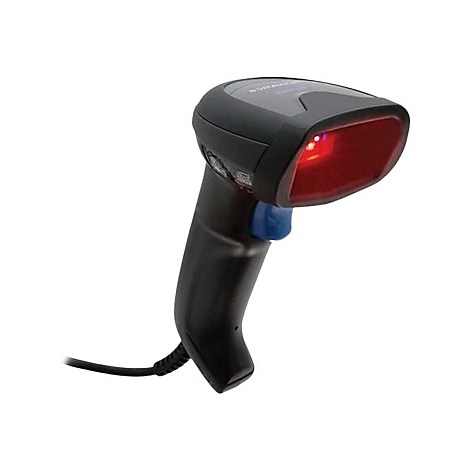 Schwarzer Barcodescanner mit rotem Laserstrahl vor weißem Hintergrund.