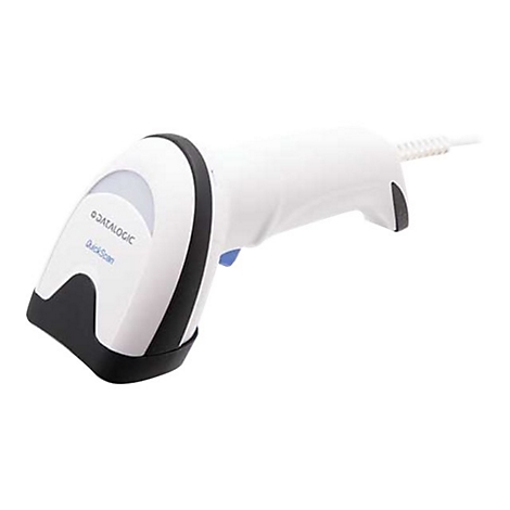 Weißer Barcodescanner mit schwarzer Umrandung und blauem Knopf. Aufschrift: DATALOGIC, QuickScan.