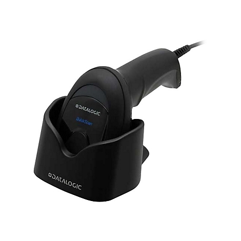 Schwarzer Datalogic QuickScan Handscanner in einer Ladestation vor weißem Hintergrund.