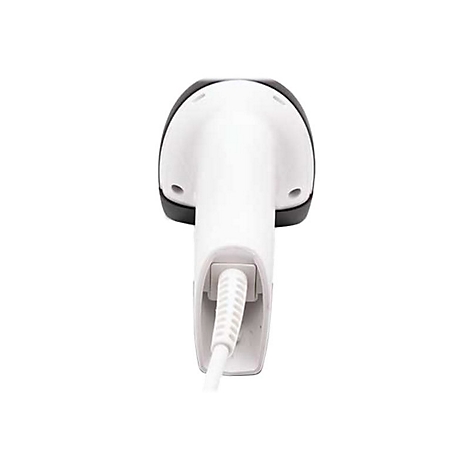 Nahaufnahme eines weißen Barcodescanners mit schwarzem Griff, der an einem weißen Kabel befestigt ist.