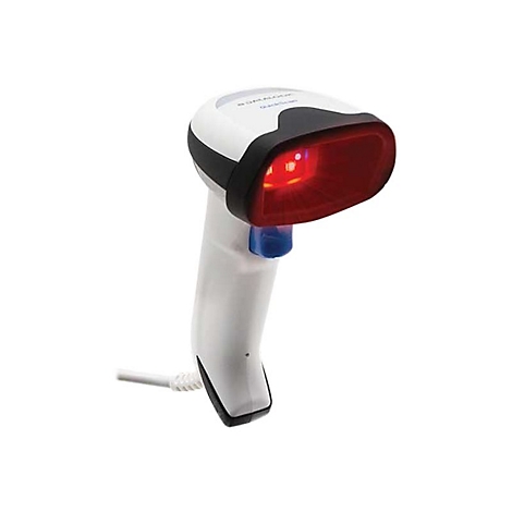 Weiß-schwarzer Barcode-Scanner mit rotem Licht. Am Griff ist eine blaue Taste.
