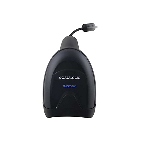 Schwarzer Barcode-Scanner mit Kabel. Aufschrift: DATALOGIC QuickScan.