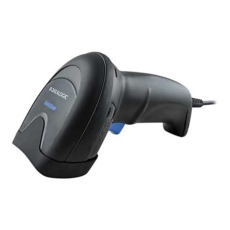 Ein schwarzer Barcode-Scanner von Datalogic Quickscan mit Kabel. Detailansicht.