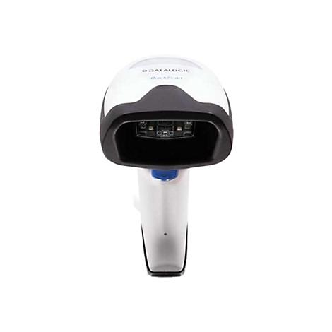 Handscanner QuickScan, weiß-schwarz mit blauer Taste, auf weißem Hintergrund.