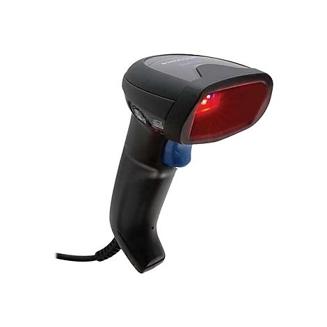 Schwarzer Handscanner mit rotem Lichtstrahl vor weißem Hintergrund.