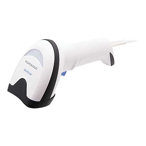 Ein weißer, kabelgebundener Datalogic QuickScan Barcodescanner vor weißem Hintergrund.