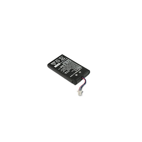 Schwarzer Akku mit weißem Stecker. Aufschrift und Symbole.