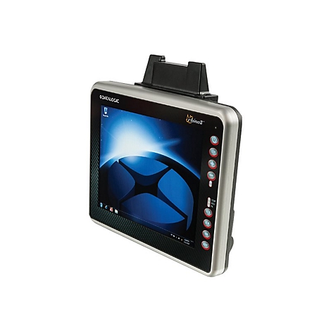 Ein Industrie-Tablet mit silbernem Rahmen, schwarzem Bildschirm und schwarzer Dockingstation.