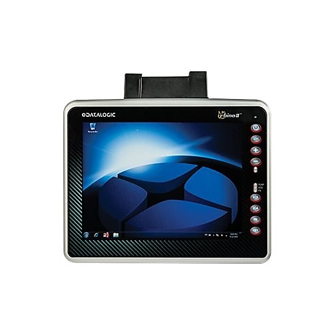 Ein rechteckiges GerÃ¤t mit Bildschirm, seitlichen KnÃ¶pfen, dem Logo 'Datalogic' und einem blauen abstrakten Hintergrundbild.