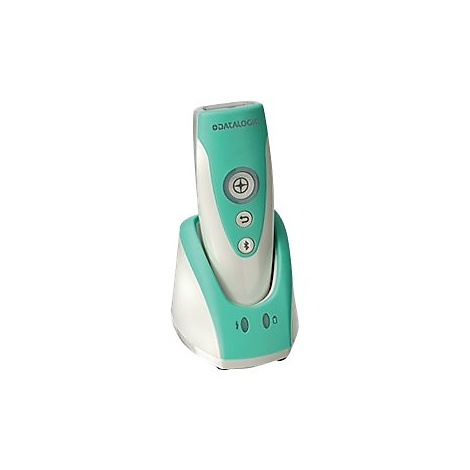 Ein Barcode-Scanner, türkis-weiß, in einer Ladestation. Oben 'DATALOGIC', Knöpfe, Bluetooth-Symbol.