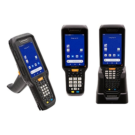 Drei Ansichten eines Datalogic Mobilcomputers: schräg mit Pistolengriff, frontal und in der Ladestation.