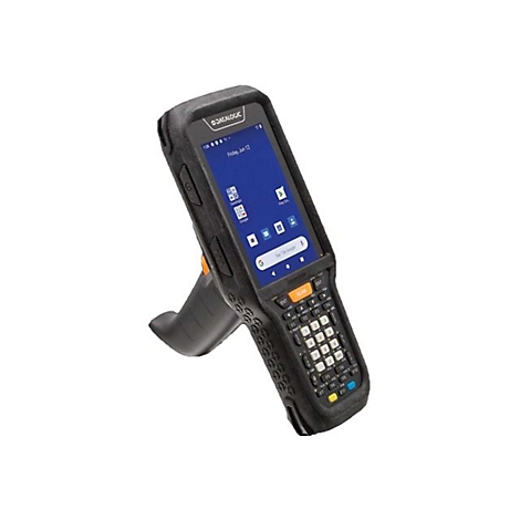 Ein schwarzes Handheld-Gerät mit Tastatur und Display, auf dem Apps zu sehen sind. Es steht aufrecht vor weißem Hintergrund.