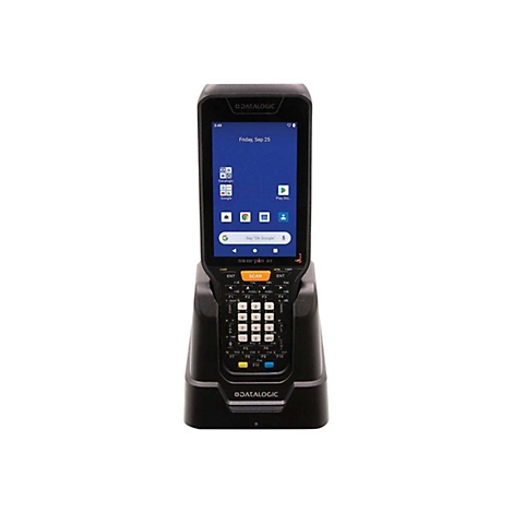 Schwarzes Barcode-LesegerÃ¤t mit Display in einer Dockingstation. Bildschirm mit App-Symbolen.