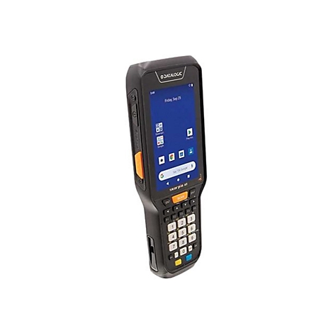 Ein schwarzes Handheld-Gerät mit Bildschirm und Tastatur. Auf dem Bildschirm sind App-Symbole zu sehen, daneben eine orangefarbene Taste.