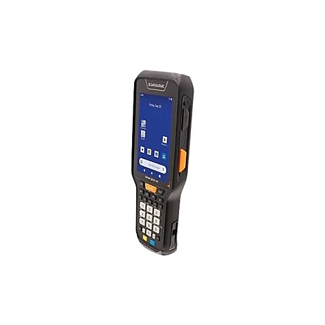 Ein schwarzer Handheld-Computer mit Display und Tastatur, auf blauem Hintergrund. Orangefarbene Akzente.