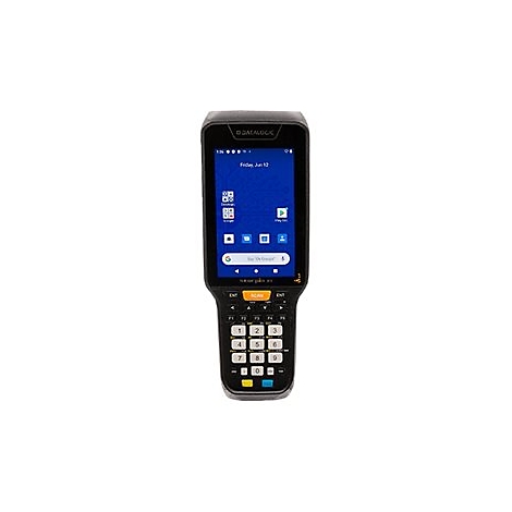 Ein schwarzes Handheld-Gerät mit Bildschirm und Tastatur, auf dem ein blauer Bildschirm mit Apps und Text angezeigt wird.