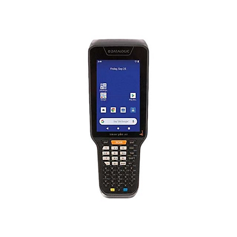 Ein schwarzes Handheld-Gerät mit Tastatur und Touchscreen, auf dem ein Android-Betriebssystem läuft. Auf dem Bildschirm ist der Name „Datalogic“ zu sehen.