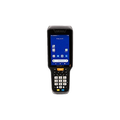 Ein schwarzes Handheld-Gerät mit Bildschirm und Tastatur, auf dem ein Startbildschirm angezeigt wird. Auf dem Bildschirm sind Apps und Suchleisten zu sehen.