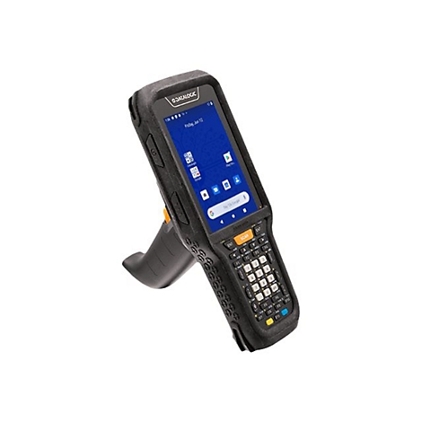 Ein schwarzes Barcode-LesegerÃ¤t steht aufrecht. Auf dem Display sind App-Symbole zu sehen. Tastatur und Griff sind ebenfalls erkennbar.