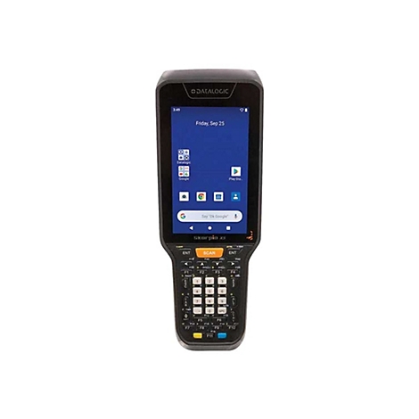 Schwarzes Barcode-LesegerÃ¤t mit Bildschirm, Tasten und orangefarbener Scan-Taste.