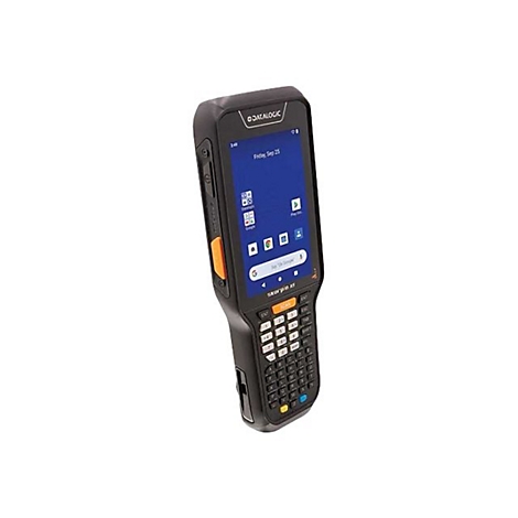 Ein schwarzes Handheld-GerÃ¤t mit Touchscreen und Tastatur, der Bildschirm zeigt Apps an.