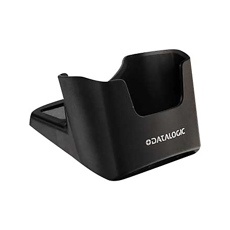 Schwarze Ladestation für Barcodescanner, mit dem Logo von Datalogic.