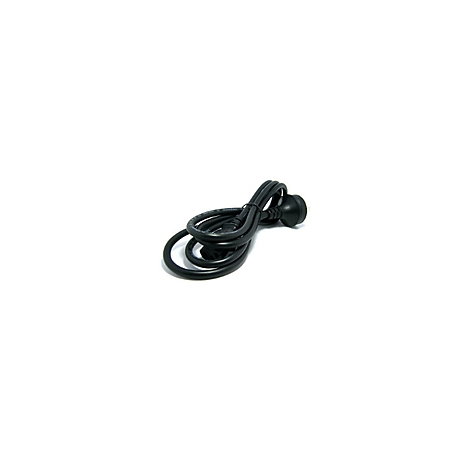 Ein schwarzes Netzkabel mit Stecker, auf weißem Hintergrund.