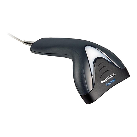 Scanner de code-barres portable en gris et noir, avec une bande blanche, texte : Datalogic Touch90.