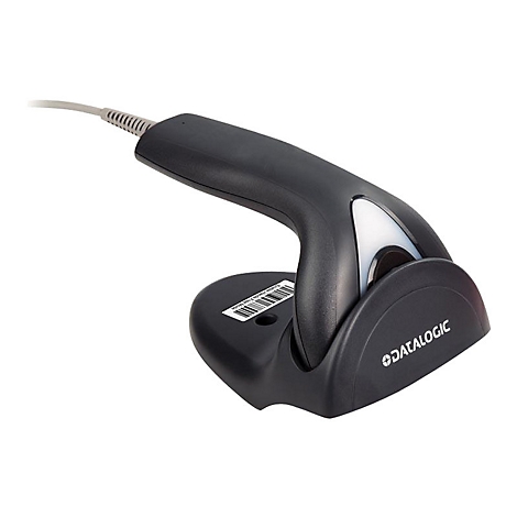 Scanner de code-barres noir avec support et cÃ¢ble. Sur le scanner, on lit DATALOGIC.