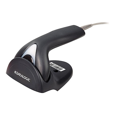 Scanner de codes-barres noir avec champ lumineux blanc et raccordement de cÃ¢ble. Inscription Datalogic.