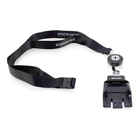 Schwarzes Lanyard mit "DATALOGIC"-Logo. Daran befestigt: Kartenlesegerät-Halterung, mit Aufrollmechanismus.